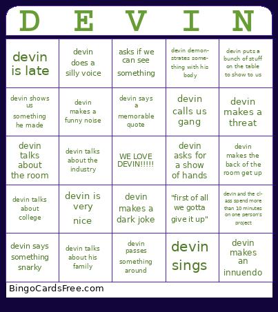 devin Bingo Cards Free Pdf Printable Game, Title: DEVIN