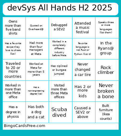 DevSys All Hands H2 2025 Bingo Card