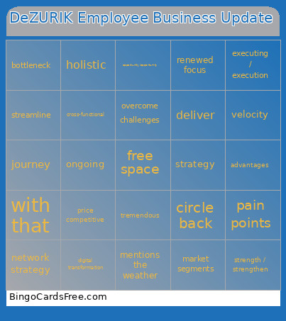 DeZURIK Employee Business Update Bingo Card