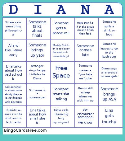 Diana Dinner Bingo