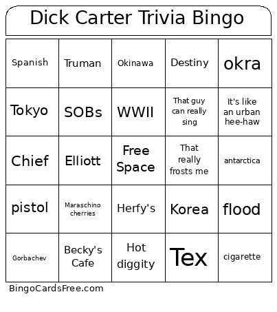 Dick Carter Trivia Bingo Card