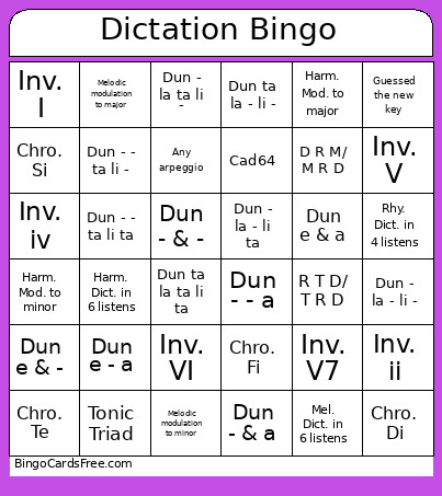 Dictation Bingo Card