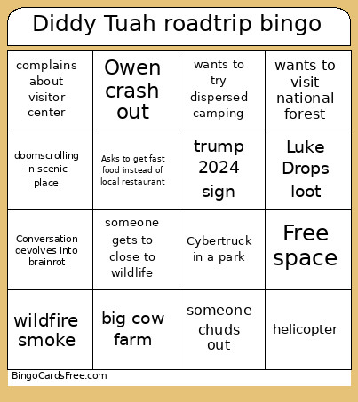 Diddy Tuah Roadtrip Bingo Card