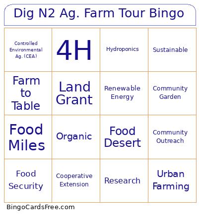 Dig N2 Ag. Farm Tour Bingo Card