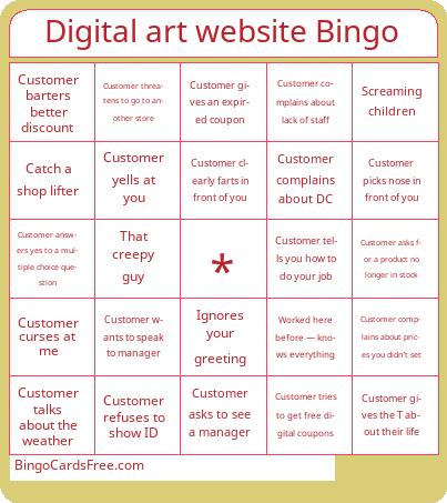 Retail bingo Cards Free Pdf Printable Game, Title: Digital art website Bingo