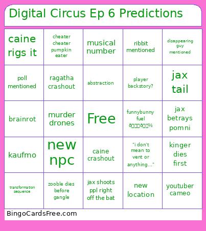 Digital Circus Ep 6 Predictions Bingo Card