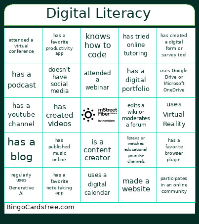 Digital Literacy Bingo Card