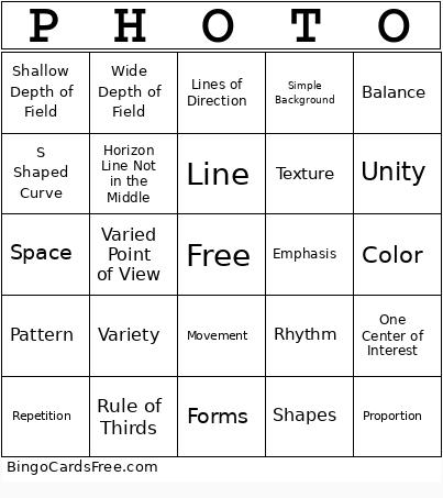 Digital Photography Bingo Card