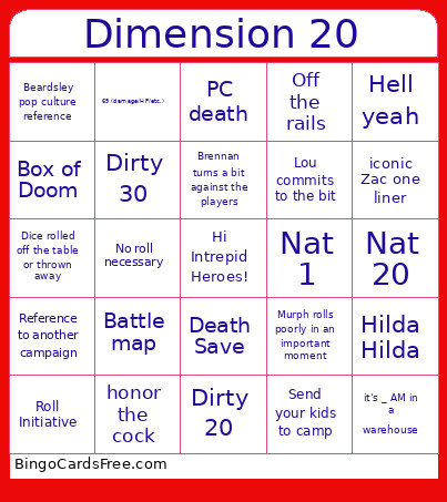 Dimension 20 Live Bingo Card