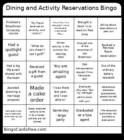 Dining and Activity Reservations Bingo
