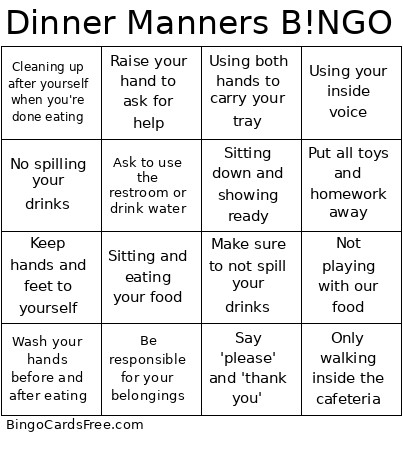 Dinner Manners B!NGO Bingo Card