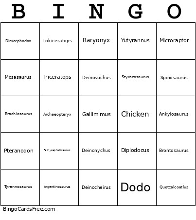 Dinosaurs And Prehistoric Animals Bingo Card