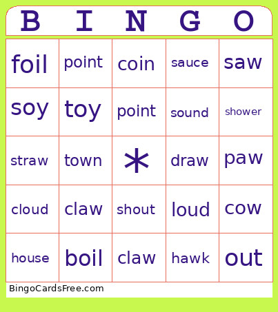 Diphthong Bingo Card