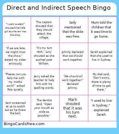 Direct And Indirect Speech Bingo Card
