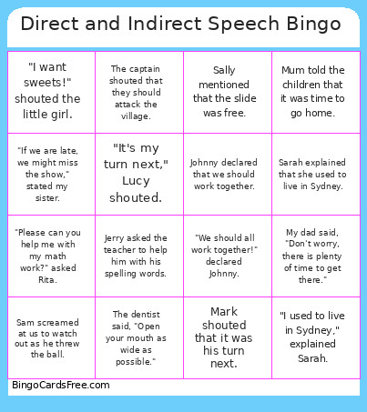 Direct And Indirect Speech Bingo Card