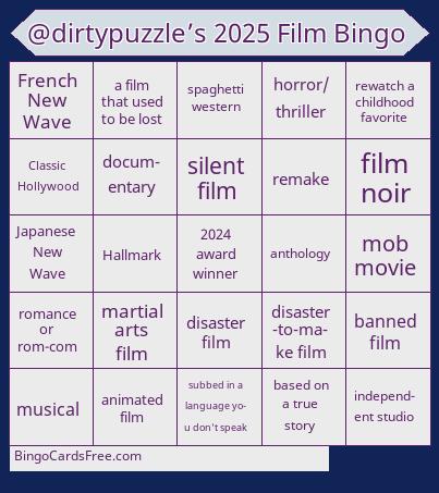 2025 Film Bingo Cards Free Pdf Printable Game, Title: @dirtypuzzle’s 2025 Film Bingo