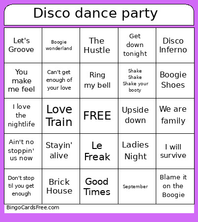 Disco Dance Party Bingo Card
