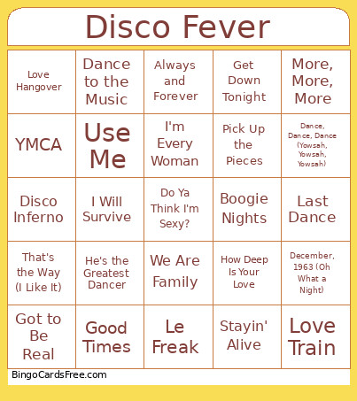 Disco Fever Bingo Card