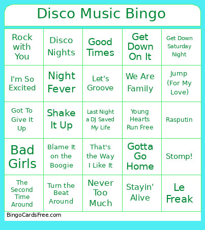 Disco Music Bingo Card