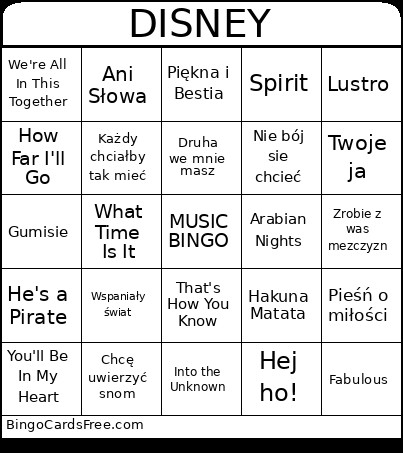 DISNEY Bingo Card