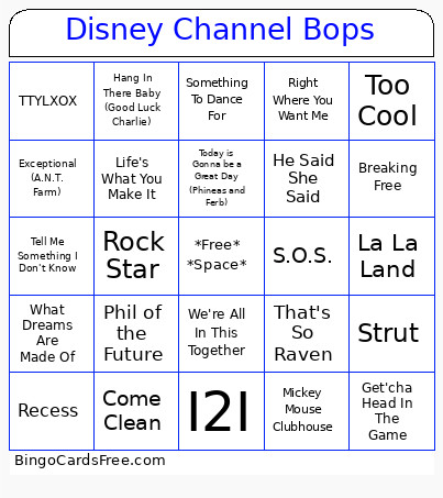 Disney Channel Bops Bingo Card