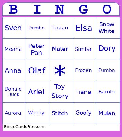 Disney Characters Bingo Card
