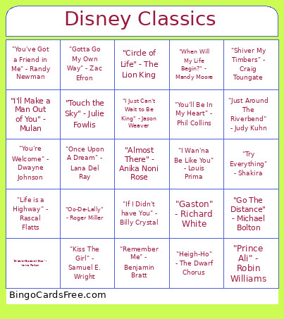 Disney Classics Bingo Card