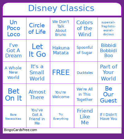 Disney Classics Bingo Card