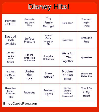 Disney Hits! Bingo Card