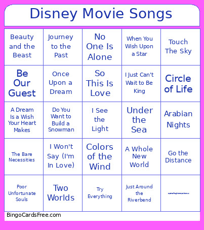 Disney Movie Songs Bingo Card