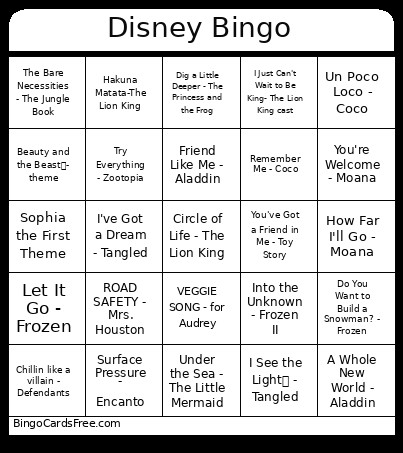 Disney Music Bingo Card