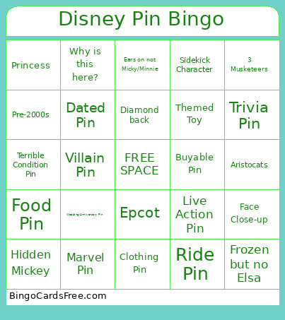 Disney Pin Bingo Card