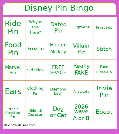 Disney Pin Bingo Card