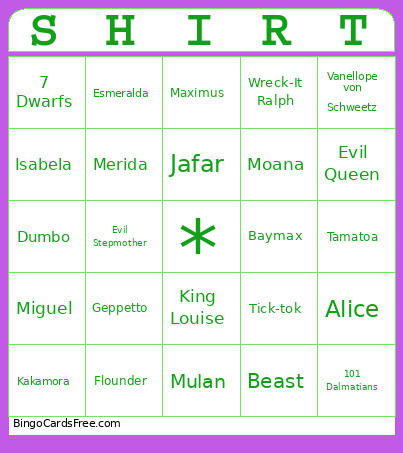 Disney Shirt Animated Bingo Card