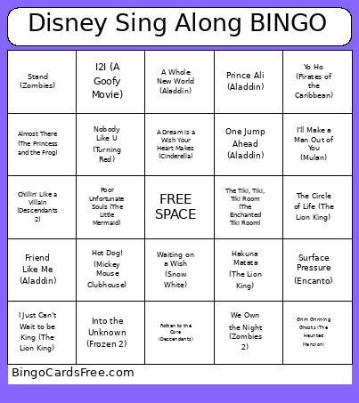 Disney Sing Along Bingo Card