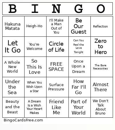 Disney Singo #2 Bingo Card