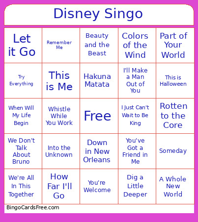 Disney Singo Bingo Card