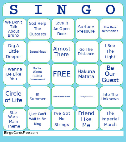 Disney Singo Bingo Card
