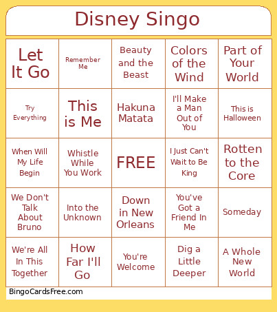 Disney Singo Bingo Card