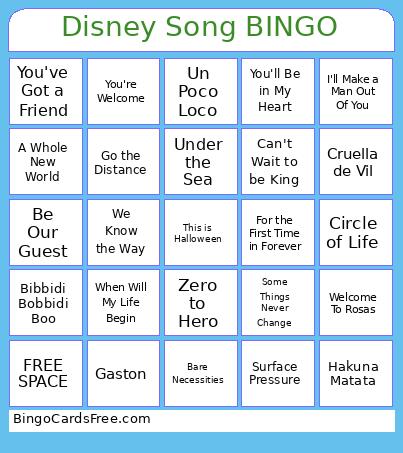 Disney Song Bingo Card