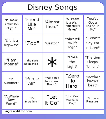 Disney Song Bingo Card