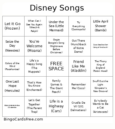 Disney Songs Bingo Card