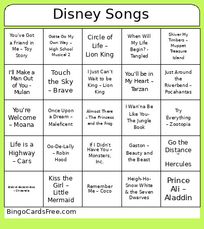 Disney Songs Bingo Card
