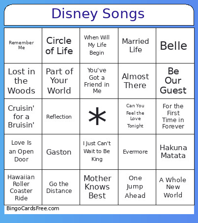Disney Songs Bingo Card 2