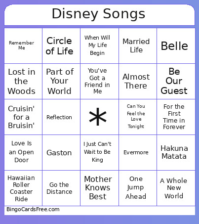 Disney Songs Bingo Card