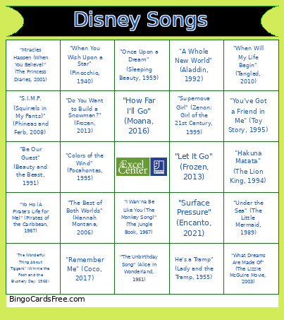 Disney Songs Bingo Card