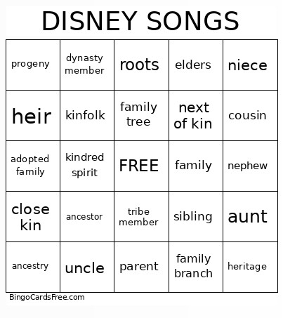 DISNEY SONGS Bingo Card