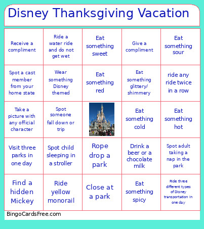 Disney Thanksgiving Vacation Bingo Card 2