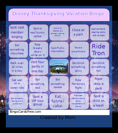Disney Thanksgiving Vacation Bingo Card