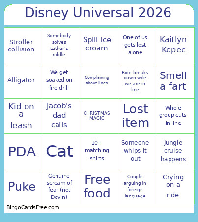 Disney Universal 2026 Bingo Card
